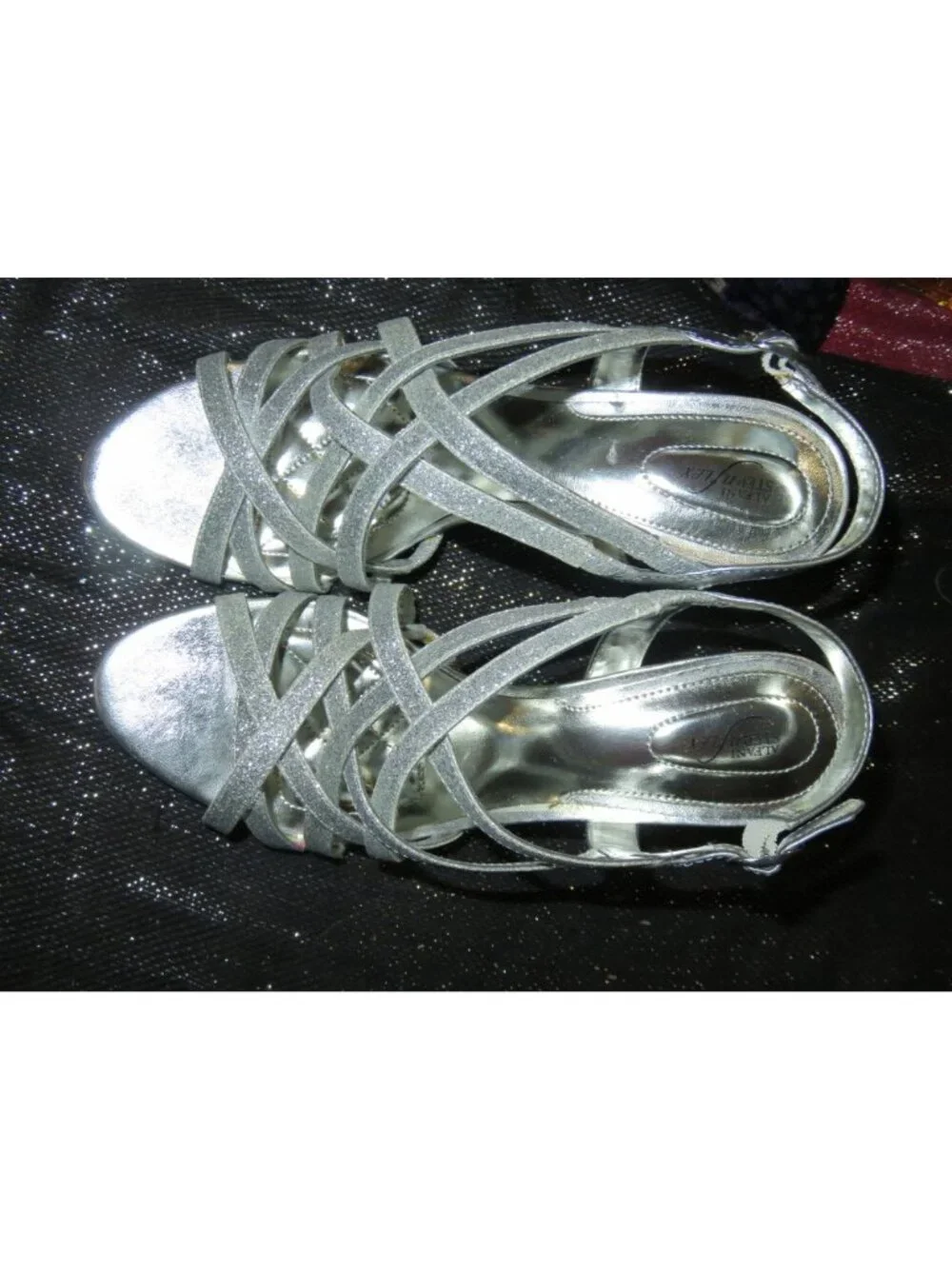 Alfani Alisa Metallic Silver Italian Leather Open Toe Glitter Slingback Heel 8.5